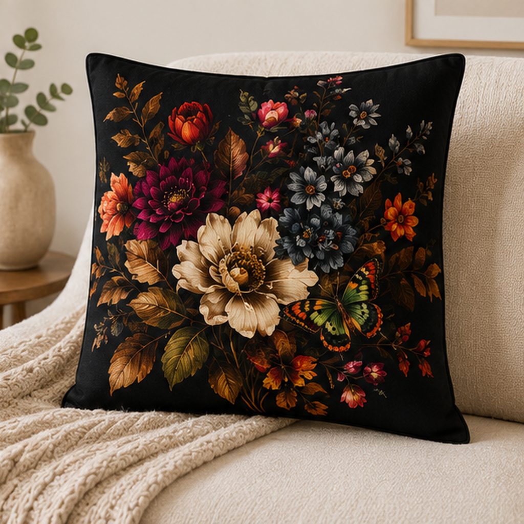 Noir Botanical Pillow Cover